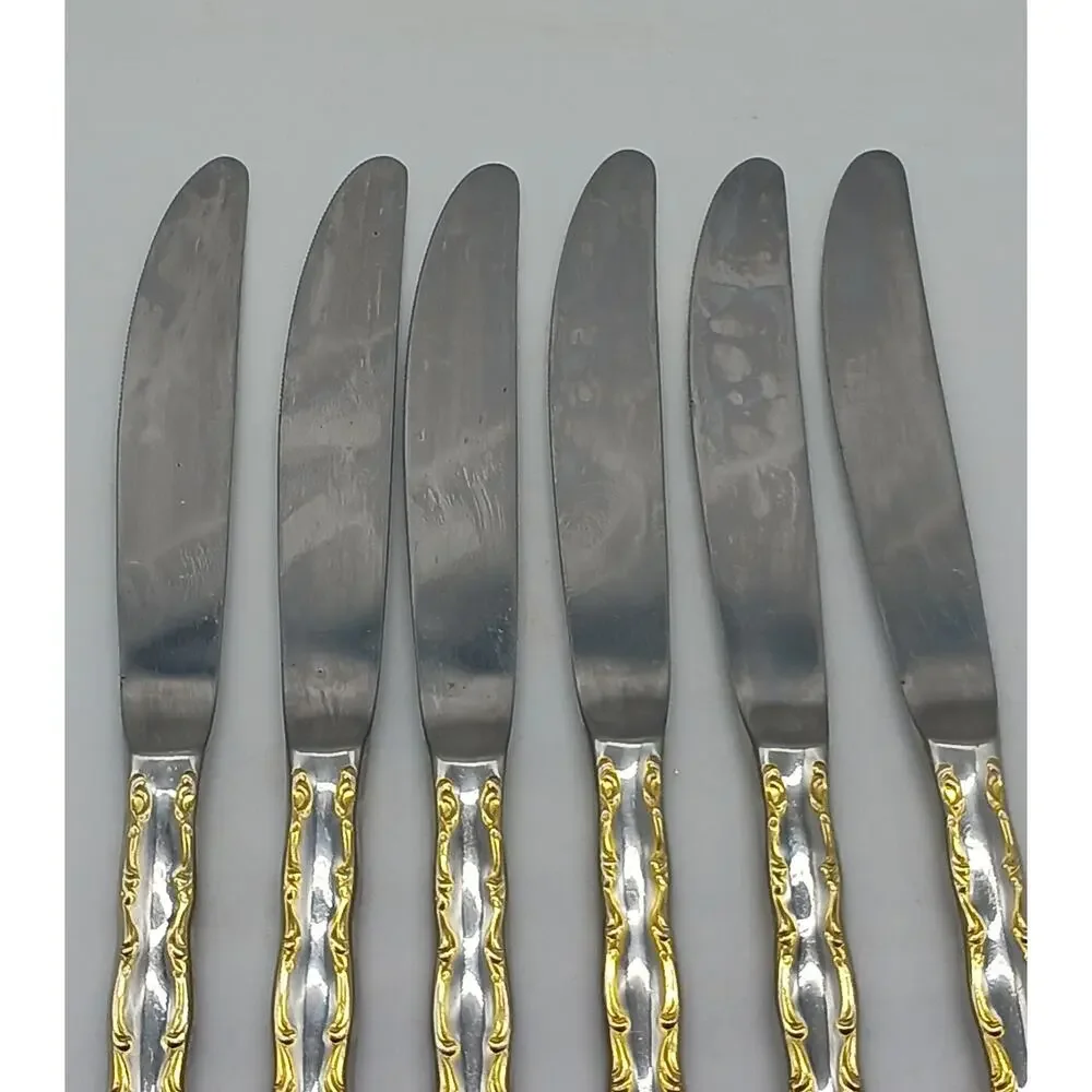 6 Modern Solid Dinner Knifes Rose Cascade Towle Supreme 18/8 Gold Accent Discont